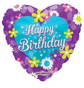 18" Happy Birthday Purple Heart With Flowers